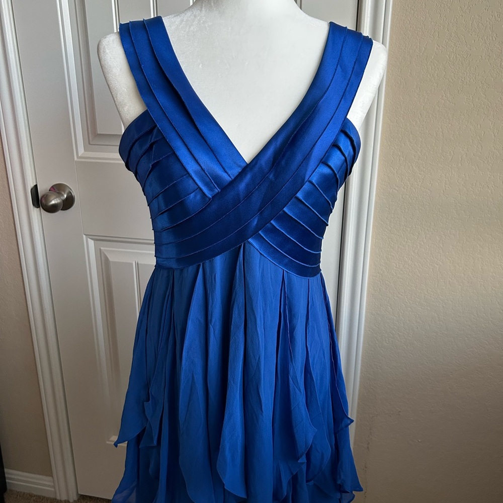 BCBG MaxAzria Satin V-Neck Layered Ruffle Dress